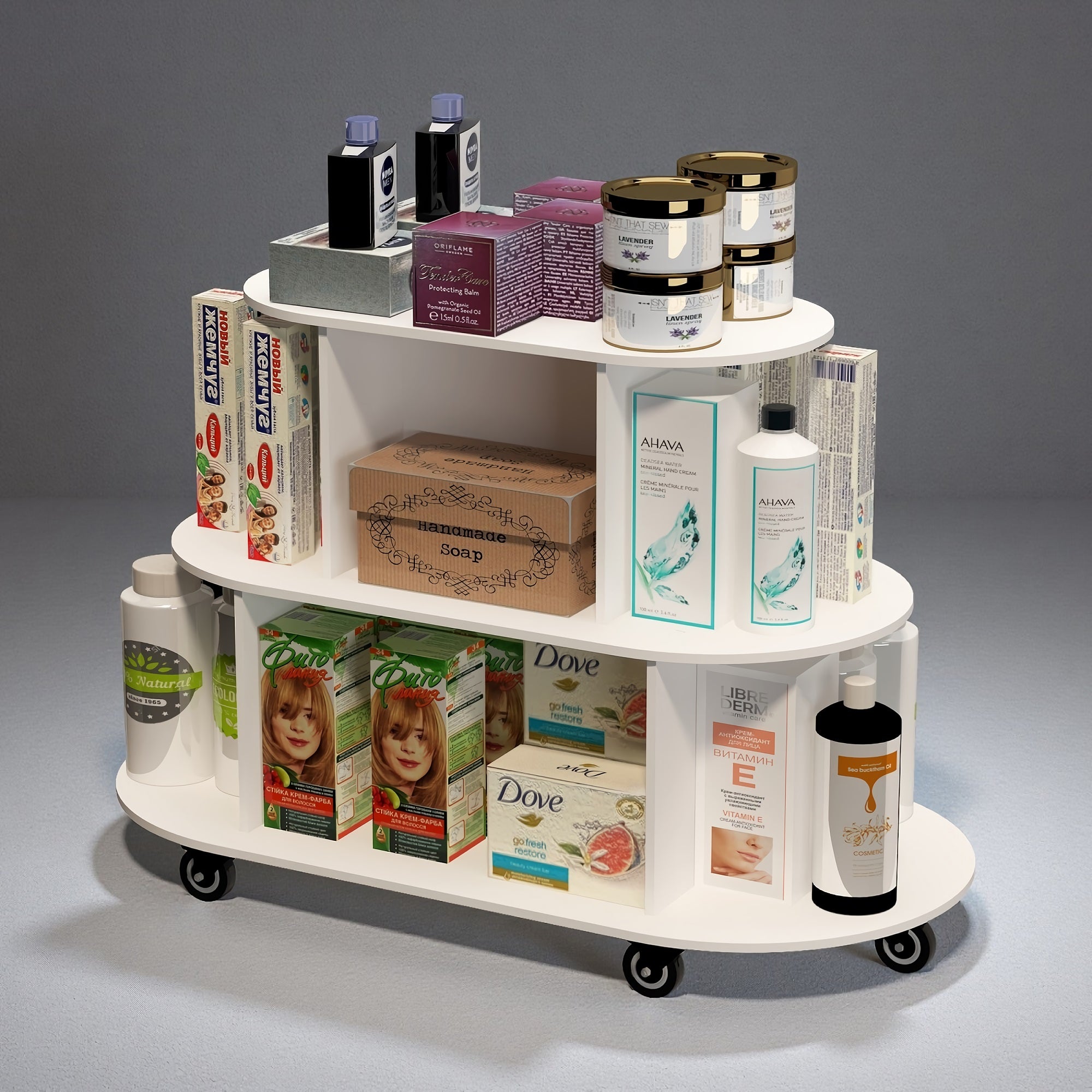 3-Tier Rotating Display Cart, Multifuctional Mobile Stand with 360° Rotating Wheels for Cosmetics, Toiletries, Household Items (Oval) 3-Tier Rotating Display Cart, Multifuctional Mobile Stand with 360° Rotating Wheels for Cosmetics, Toiletries, Household Items (Oval)